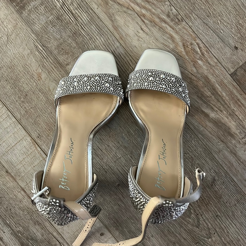 Betsey Johnson Silver Crystal Strap Block Heel Sandals